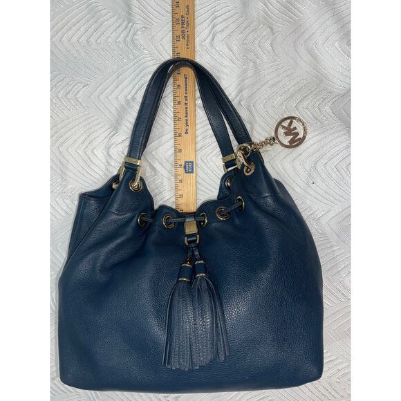 Michael Kors Navy Camden Blue Leather Drawstring Hobo Shoulder Bag Tassel - Picture 7 of 14
